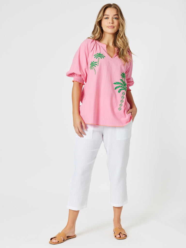 Pina Colada Embroidered Top - Pink Green