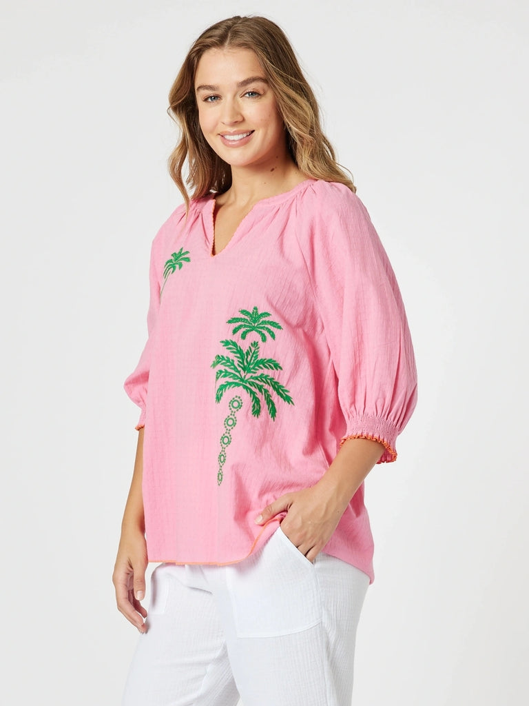 Pina Colada Embroidered Top - Pink Green rc&co