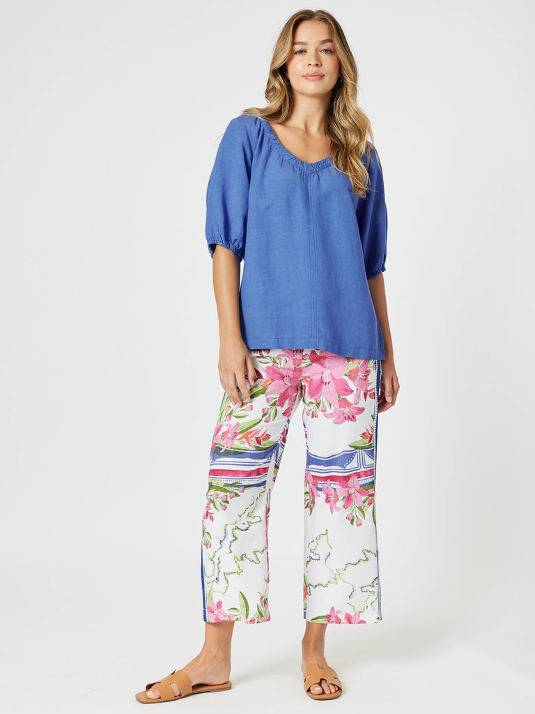 Lino V Neck Top - Sardinia Blue