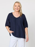 Lino V Neck Top - Navy