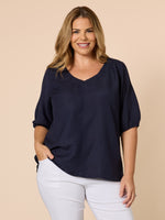 Lino V Neck Top - Navy