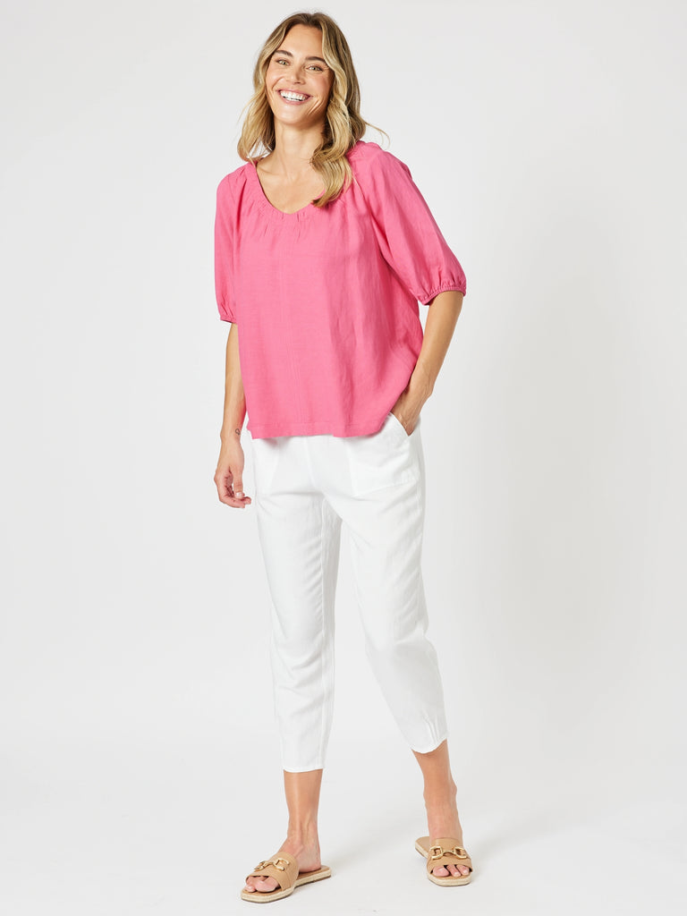 Lino V Neck Top - Peony