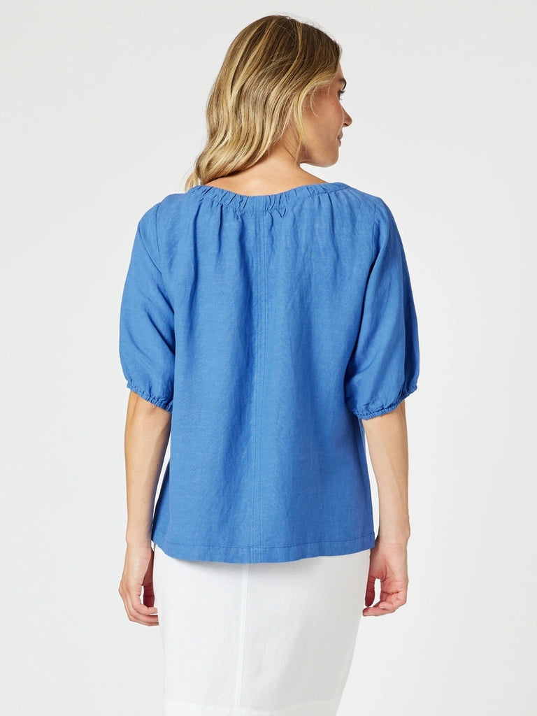 Lino V Neck Top - Sardinia Blue