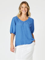 Lino V Neck Top - Sardinia Blue