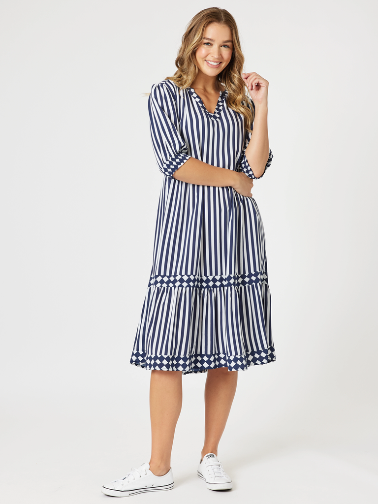 Harlequin Stripe Tier Dress - Navy/White rc&co