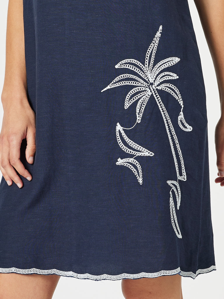 Palm Embroidered Lino Shift Dress - Navy/White rc&co