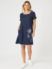 Palm Embroidered Lino Shift Dress - Navy/White rc&co