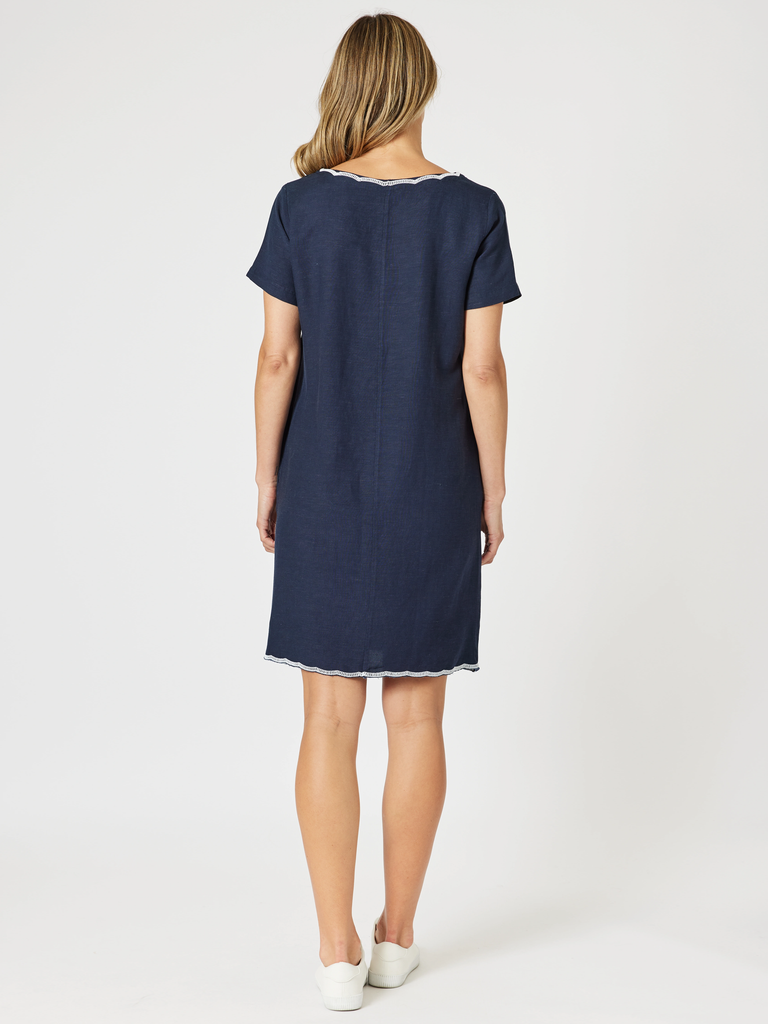 Palm Embroidered Lino Shift Dress - Navy/White rc&co