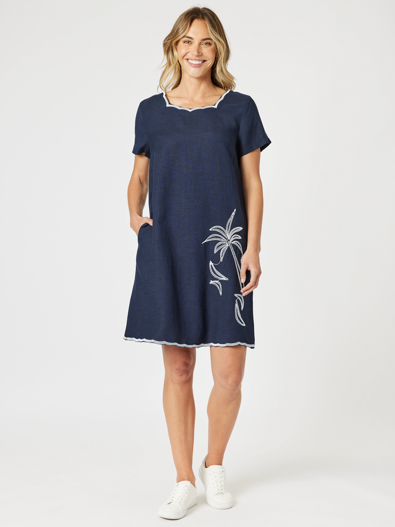 Palm Embroidered Lino Shift Dress - Navy/White rc&co