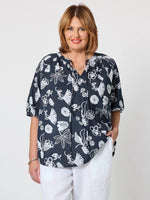Palm Springs Floral Print Top - Navy/White