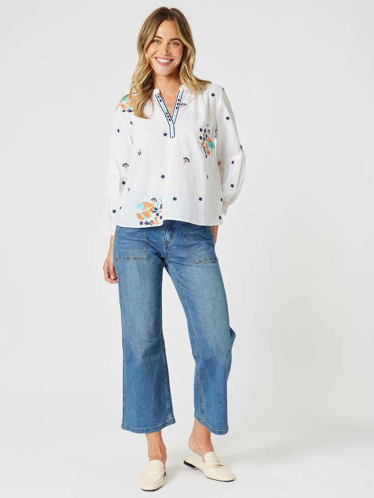 Birdie Embroidered Blouse - White Multi