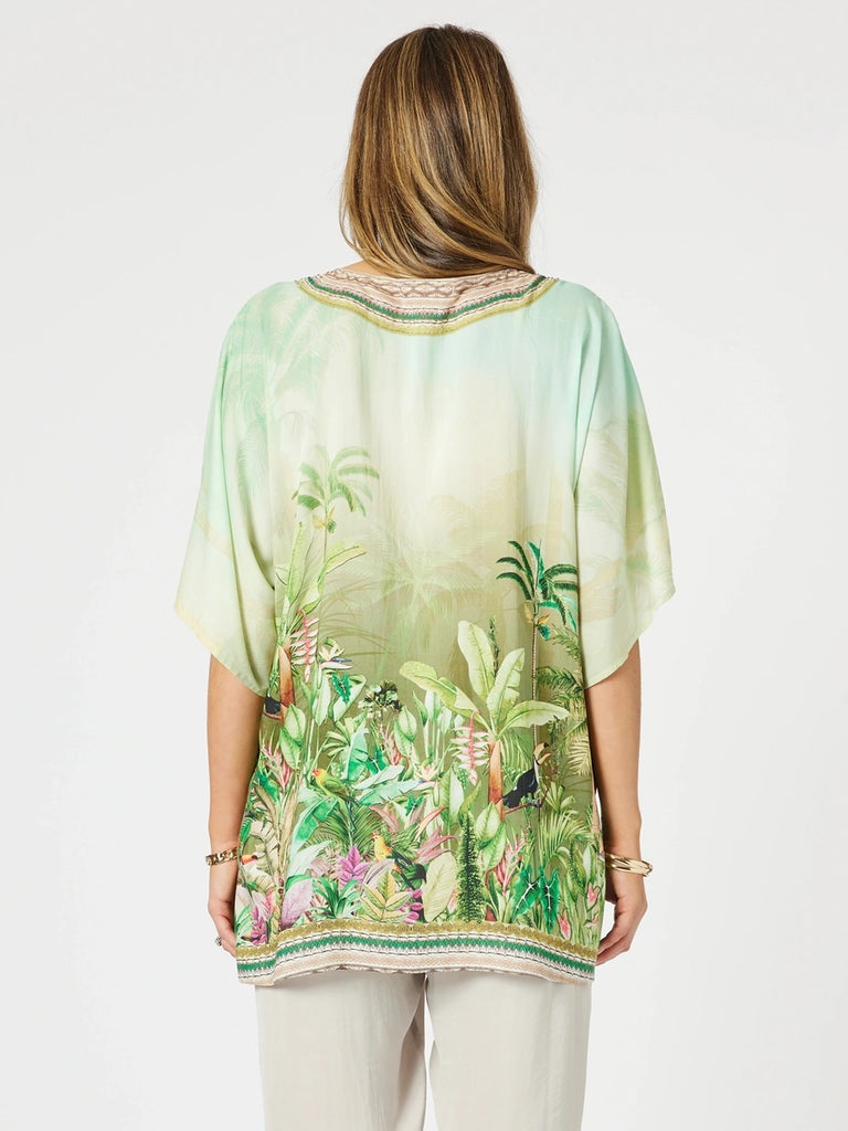 Toucan Print V Neck Top - Green rc&co