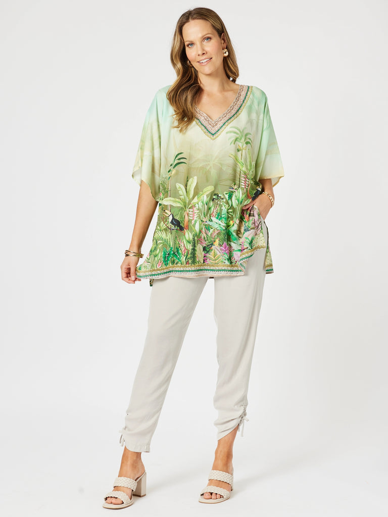 Toucan Print V Neck Top - Green rc&co