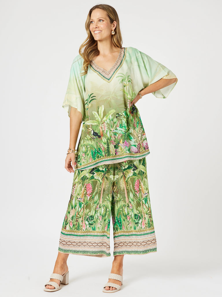 Toucan Print Wide Leg Pant - Green rc&co