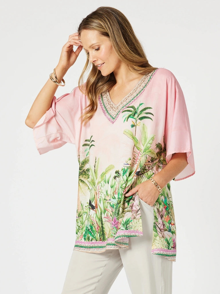 Toucan Print V Neck Top - Pink rc&co