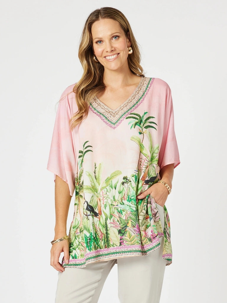 Toucan Print V Neck Top - Pink rc&co