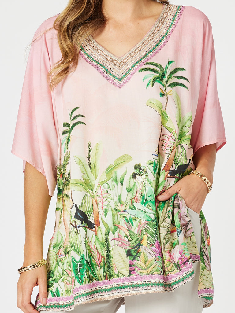 Toucan Print V Neck Top - Pink rc&co