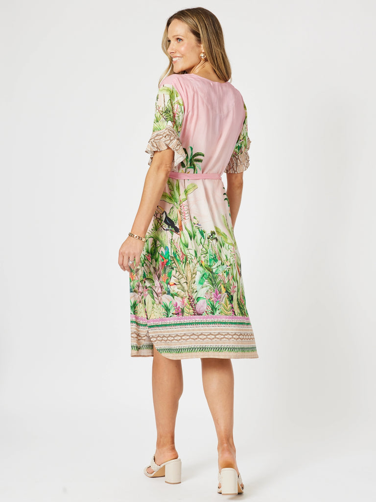 Toucan Print Ruffle Sleeve Dress - Pink rc&co