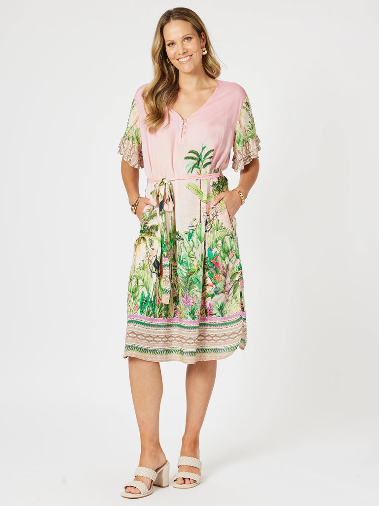 Toucan Print Ruffle Sleeve Dress - Pink rc&co