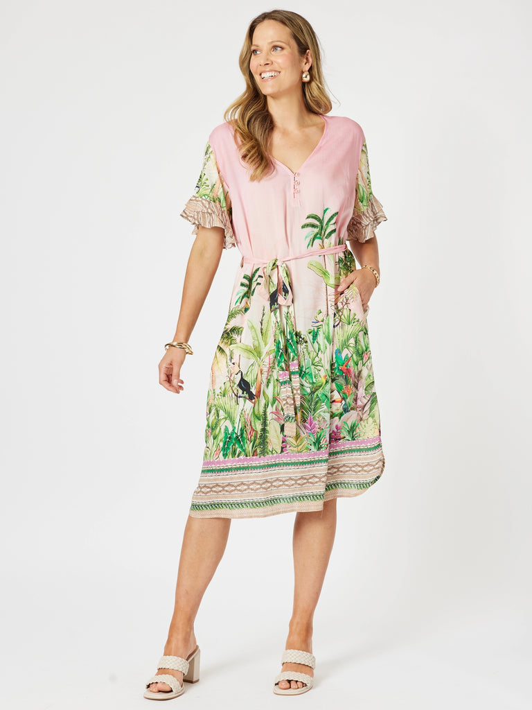 Toucan Print Ruffle Sleeve Dress - Pink rc&co