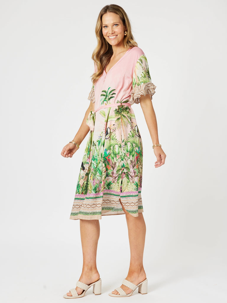 Toucan Print Ruffle Sleeve Dress - Pink rc&co