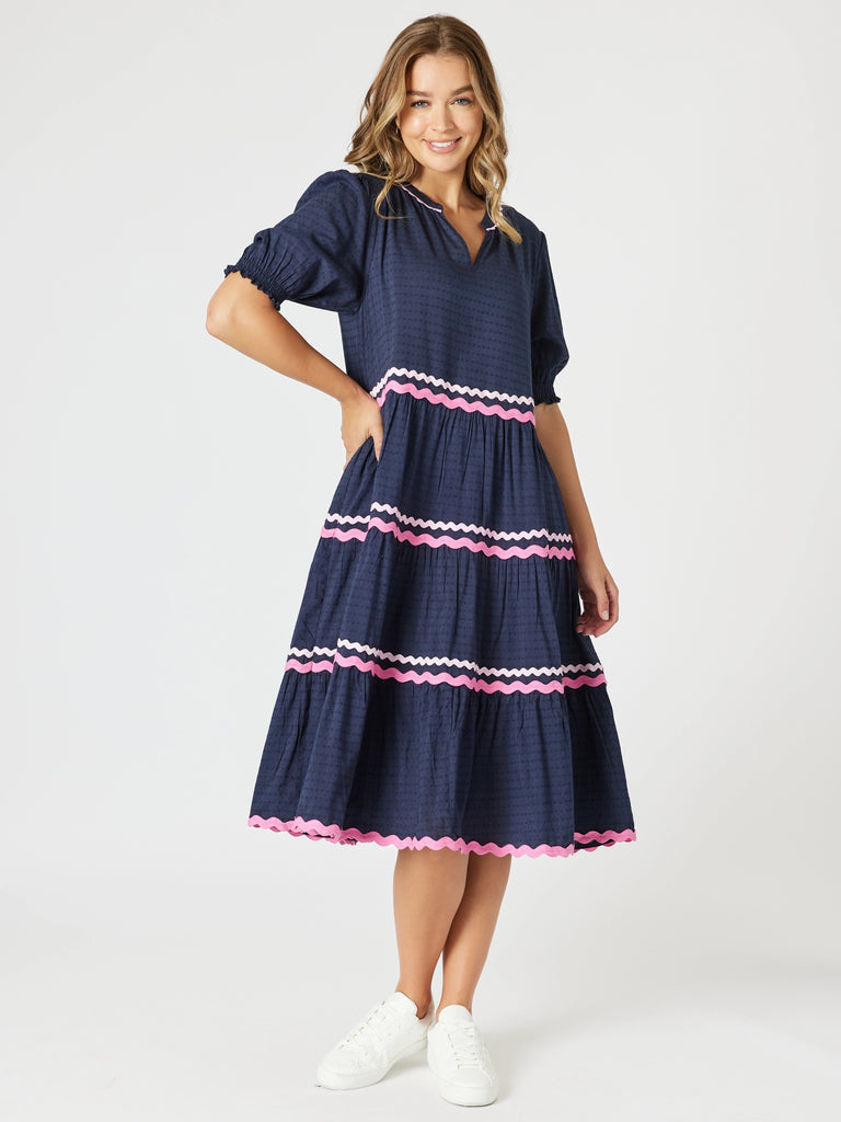 Ric Rac Tiered Dress - Navy rc&co