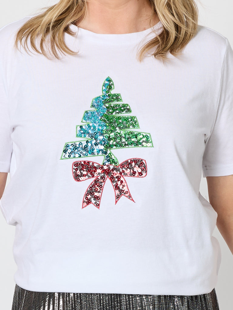 Sequin Xmas Tree Tee - White Multi rc&co
