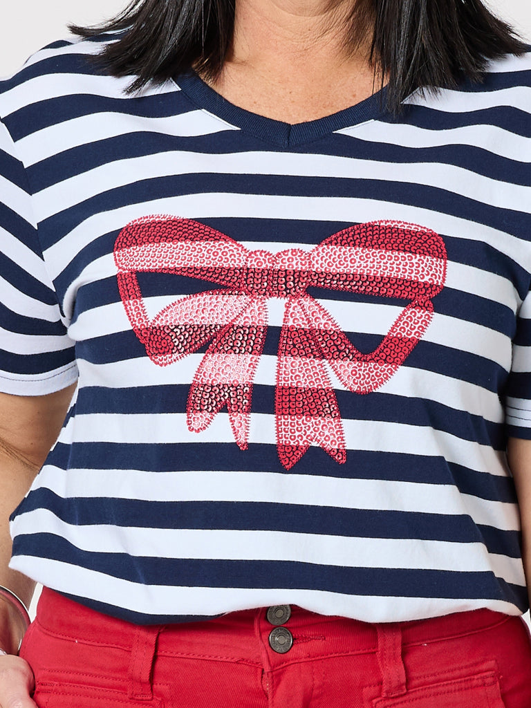 Red Bow Stripe Print Tee - Navy/White rc&co
