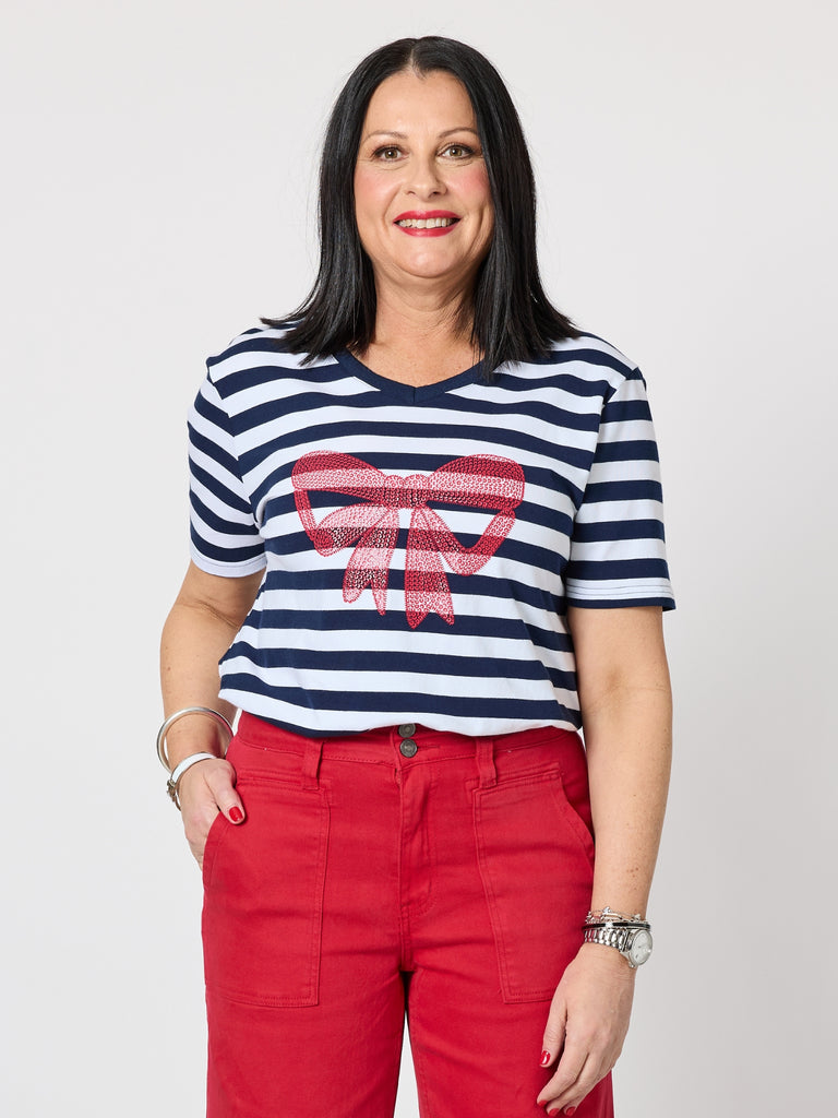 Red Bow Stripe Print Tee - Navy/White rc&co