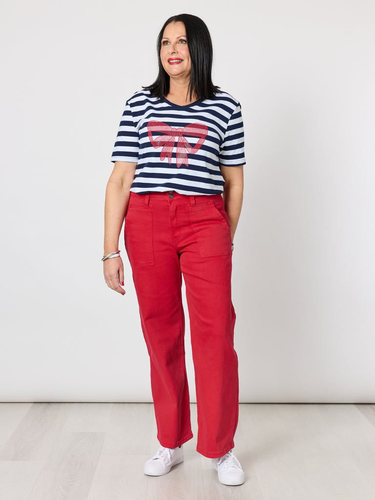 Red Bow Stripe Print Tee - Navy/White rc&co