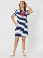 Red Bow Stripe Print Dress - Navy/White