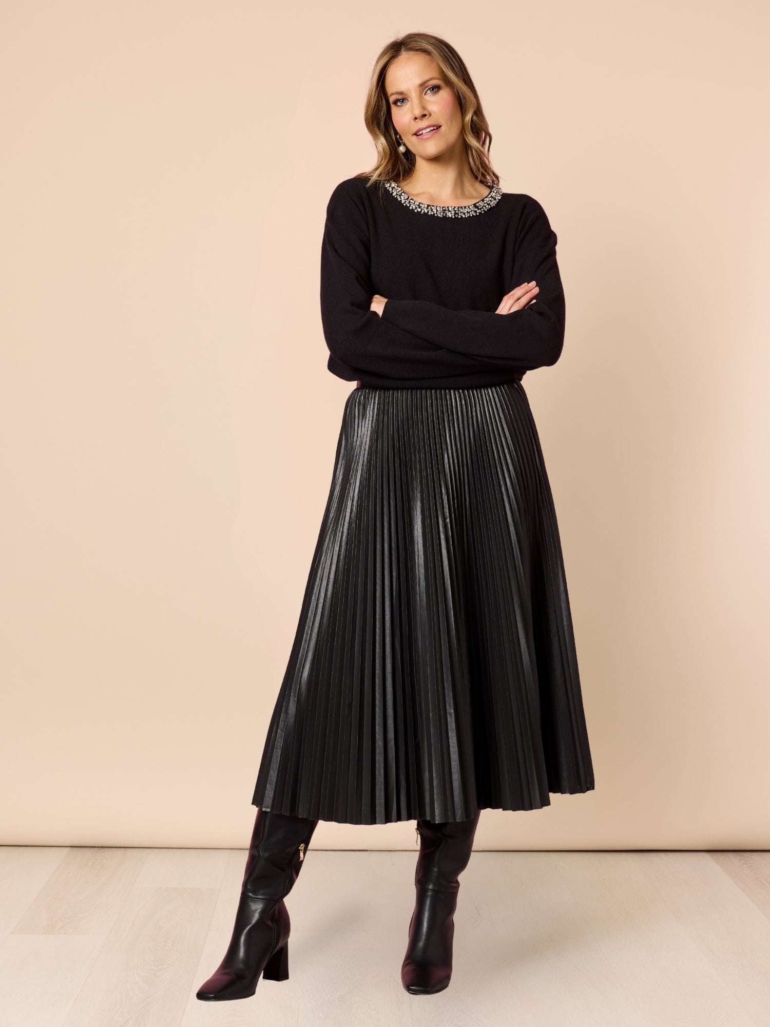 Florence Faux Leather Pleat Skirt - Black rc&co
