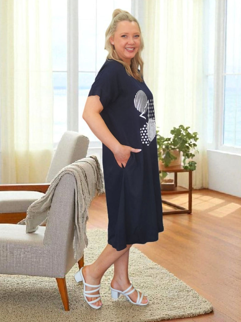 Circle on Circle Print Dress - Navy rc&co