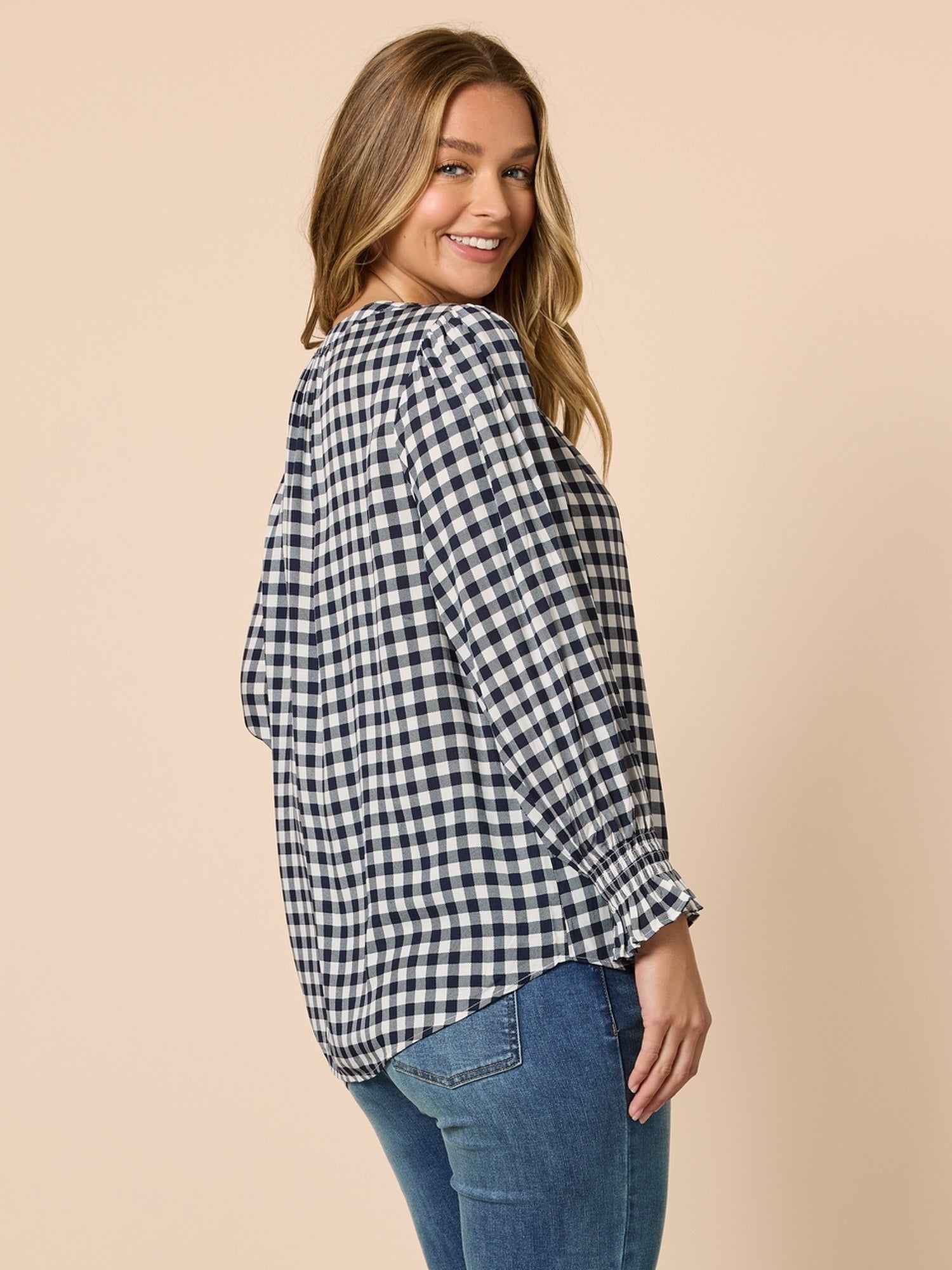 Gingham Check Print Top - Navy/Ivory – RC & Co
