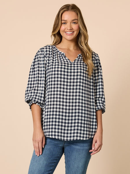 Gingham Check Print Top - Navy/Ivory – RC & Co