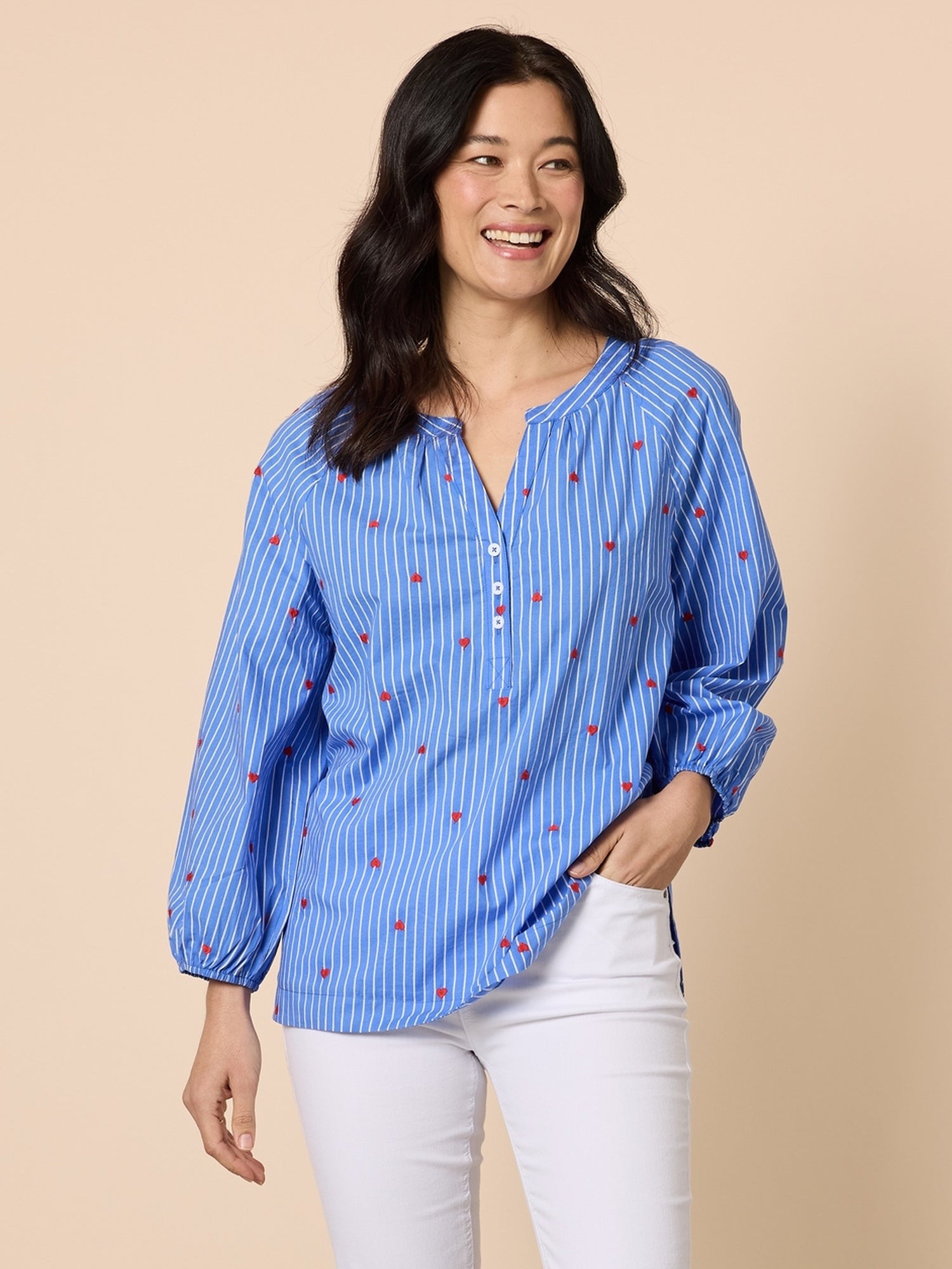 Cherish Embroidered Heart Stripe Print Top - Blue/White – RC & Co