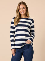 From The Heart Embroidered Stripe Print Tee - Navy/Ivory