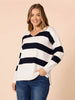 Crew V Neck Stripe Knit - Navy/ Ivory