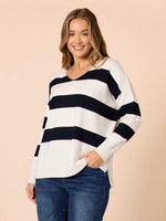 Crew V Neck Stripe Knit - Navy/ Ivory