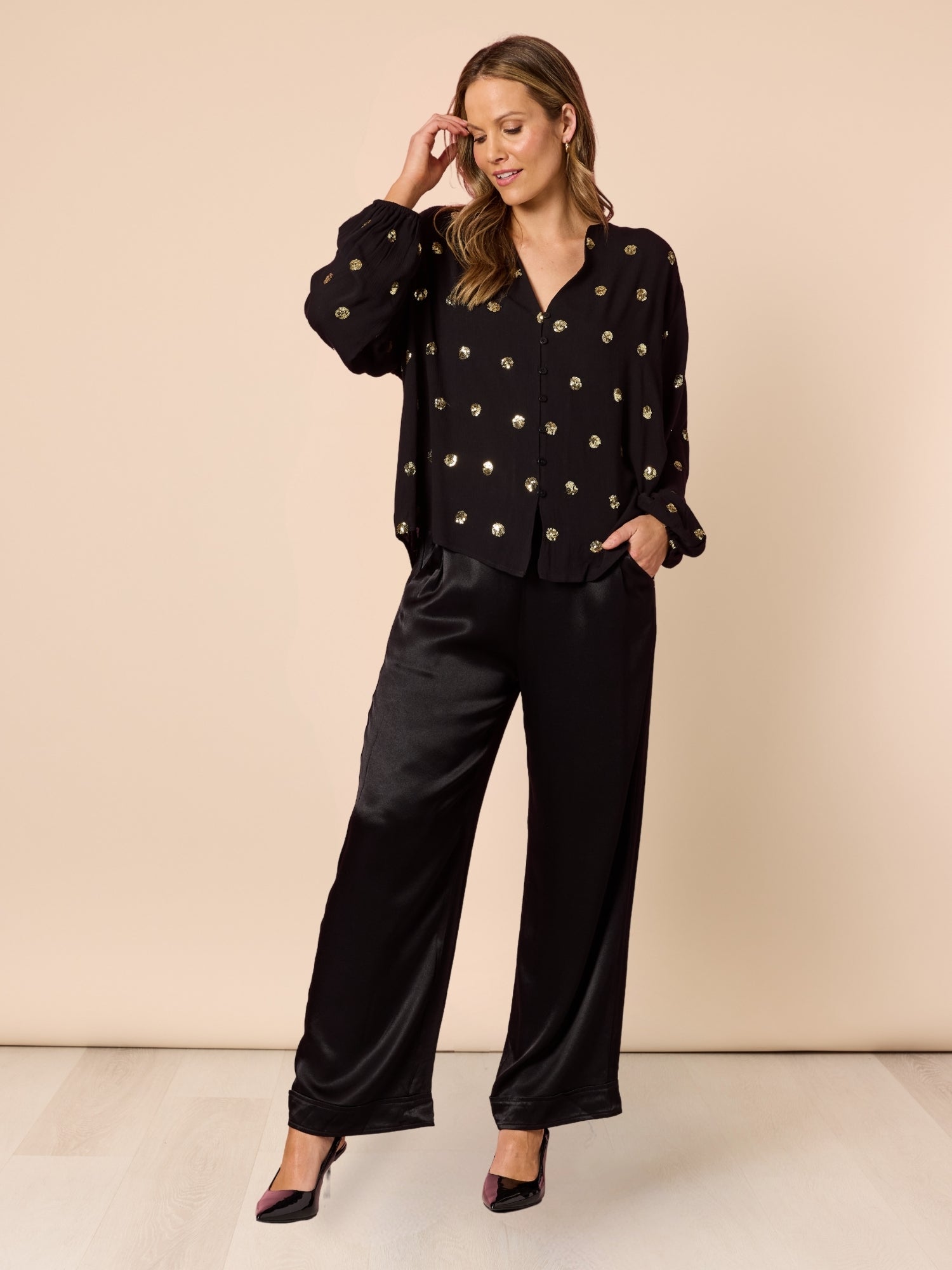Allegra Sequin Spot Top - Black rc&co