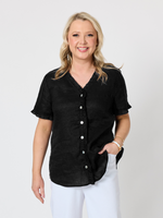 Audrey Linen Short Sleeve Top - Black