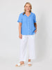 Audrey Linen Short Sleeve Ruffle Shirt - Cornflower