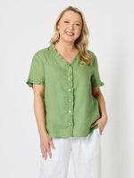 Audrey Linen Short Sleeve Ruffle Shirt - Fern