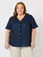 Audrey Linen Short Sleeve Ruffle Shirt - Navy
