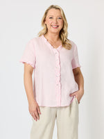 Audrey Linen Short Sleeve Ruffle Shirt - Pale Pink