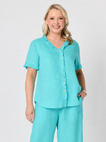 Audrey Linen Short Sleeve Ruffle Shirt - Seafoam