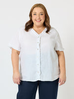 Audrey Linen Short Sleeve Ruffle Shirt - White