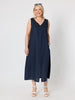 Ava Linen V-neck Dress - Navy