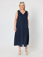 Ava Linen V-neck Dress - Navy