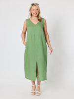 Ava Linen V-neck Dress - Fern